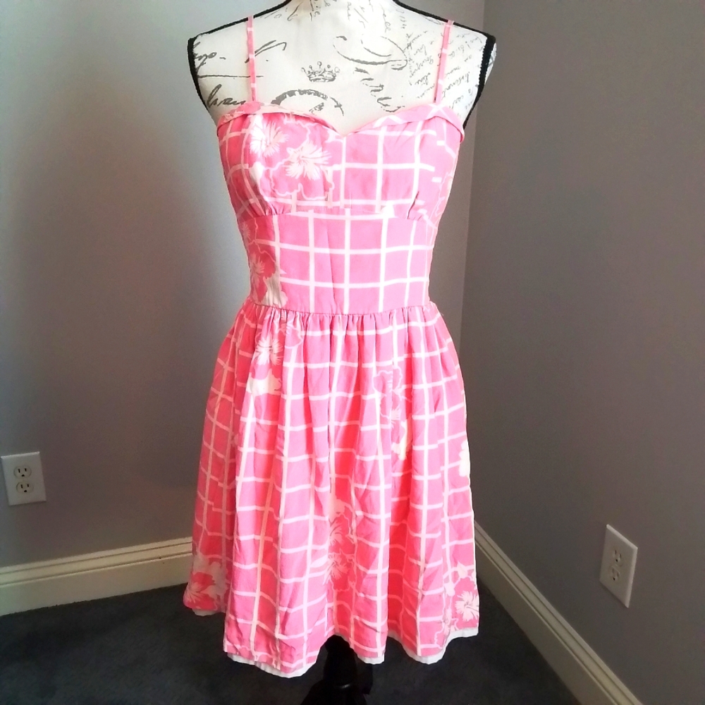 Amanda Uprichard Mimosa Silk Mini Dress Pink With Windowpane & Hibiscus - M